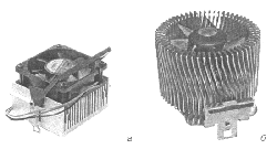 Радиатор с кулером для охлаждения процессора: а — прямоугольный; 
  б — круглый