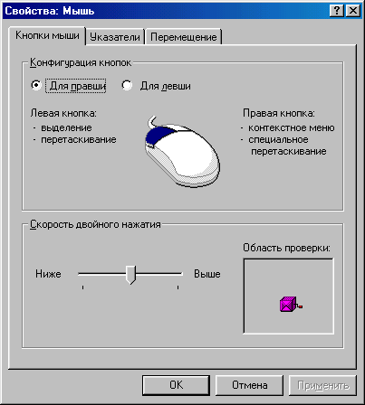 Вкладка Кнопки мыши окна Свойства: Мышь